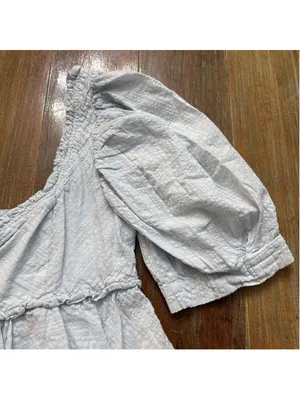 Free People Baby Blue Seersucker Puff Sleeve Babydoll Top Smocked Back S thumbnail 3