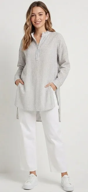 Aerie Tunic Top Women Medium Grey Striped Collar‎ Long Sleeve Boho Casual thumbnail 1