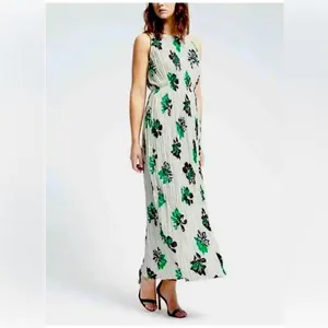 Banana‎ Republic Crinkle Pleat Chiffon Floral Maxi Dress White Green XL thumbnail 2