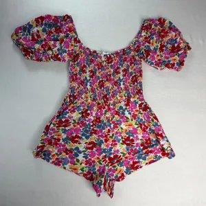 Roxy Womens Floral Smocked Puff Off Shoulder Sleeve Romper Pink Size Large thumbnail 1