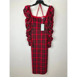 Antonio Melani Elena Plaid Square Neck Midi Dress Long Ruched Sleeve US 10 NWT thumbnail 4