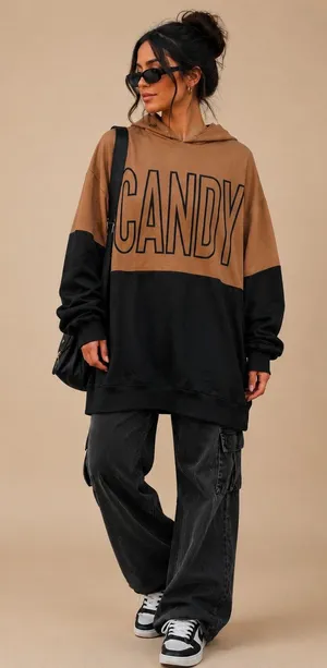 Black Brown Colorblock Long Hoodie Tunic Pullover Streetwear Casual Medium thumbnail 1