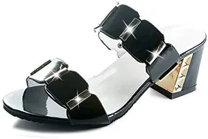 BRAND NEW ~ Women's Black & Gold Chunky Heel Slides Dressy Shoes ~ Size 5 (35) thumbnail 1