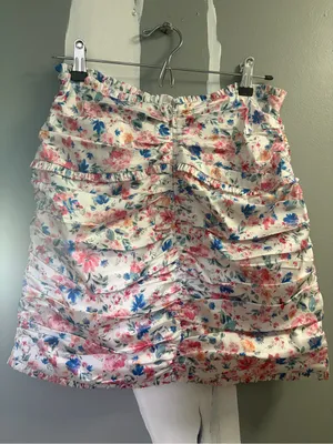 Love and Lemons Floral Ruched Mini Skirt - White with Pink & Blue Floral thumbnail 8