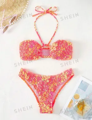 SheIn Floral Print Smocked Halter Bikini thumbnail 2