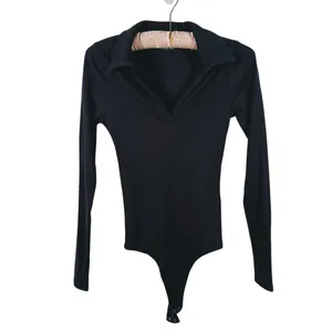 Abercrombie & Fitch Ribbed Polo Long Sleeve Bodysuit Size S Black Preppy Capsule thumbnail 2