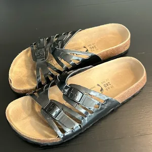 Betula by Birkenstock Black Patent Strappy Buckle Slide Sandals Size 37 US 6 6.5 thumbnail 2
