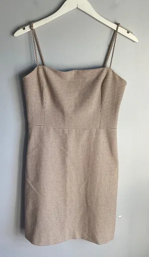 Wilfred Aritzia Brown Gingham Plaid Mini Dress Square Neck Smocked Back Size 8 thumbnail 1