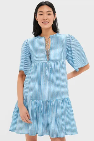 Emerson Fry India Collection Women‎ Isla Dress M/L Blue Stripe Organic Cotton thumbnail 1