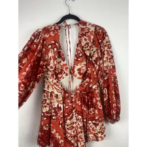 Free People Red Cream Floral V-Neck Long Balloon Sleeve Romper S Rayon thumbnail 6