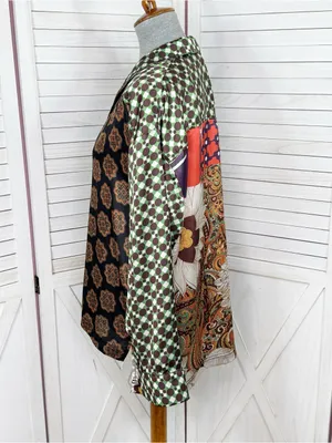 Urban‎ Outfitters Retro Multi Print Patchwork Satin Oversized Shirt Small thumbnail 2