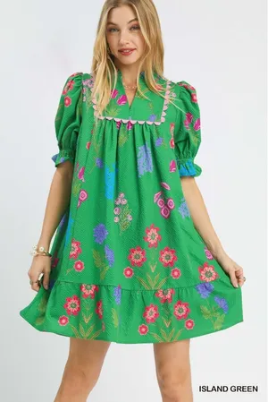 Umgee Multi Flower Print V-Neck Dress - Island Green - Medium thumbnail 1