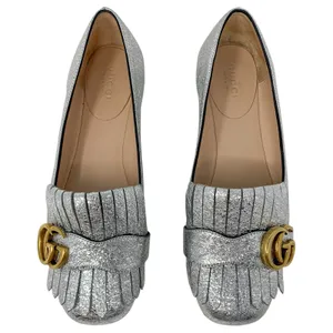 Gucci Silver Foiled Leather Marmont GG Logo Kiltie Fringe Flat Loafers EU 35 thumbnail 2