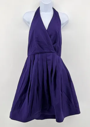 Halston Heritage Purple Cotton Silk Halter Pleated Tulip Bubble Dress Pockets 4 thumbnail 1