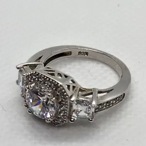 Sterling Silver Round Cubic Zirconia Halo Art Deco Ring (5) thumbnail 10