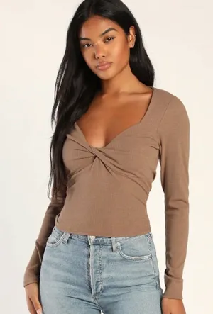 Lulus NWT Women Small Brown Ribbed Long Sleeve Twist-Front Top Fall Minimalist thumbnail 1