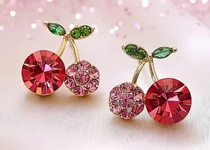Elegant Pink and Green Crystal Cherry Earrings thumbnail 1