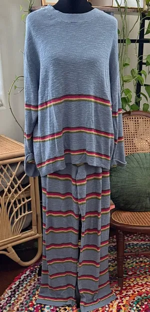 Free People Beach Mariner Dusty Blue Combo Cozy Boho Preppy Striped Sweater Set thumbnail 1