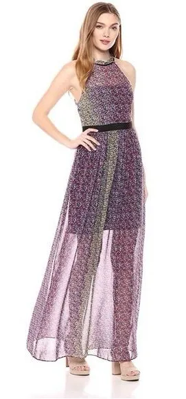 BCBGeneration Confetti Floral Halter Maxi Dress Pink‎ Multi Size 2 Twee Cottage thumbnail 1