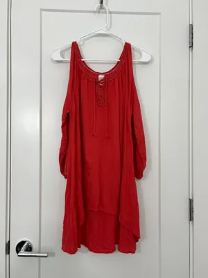L*Space Large Red Cold Shoulder Lace-Up Tunic Dress / Cover-Up thumbnail 6