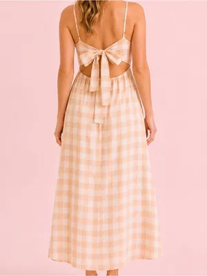 NEW Altar’d State Tan and White Gingham Maxi Dress Size Medium Available thumbnail 2
