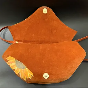 Vintage CHARLES JOURDAN Brown Suede Leather Hand-painted Sunflower Crossbody Bag thumbnail 11