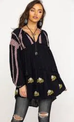 Free People Wild Horses Embroidered‎ Long Sleeve Mini Dress Size Small EUC thumbnail 1
