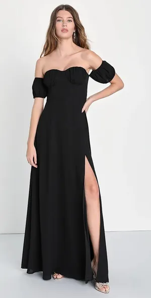 NEW Lulus Dramatic Inspiration Black Off-the-Shoulder Bustier Maxi Dress -Size S thumbnail 1