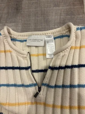 Striped Rib-Knit Crewneck Sweater - Cream with Navy & Blue Stripes thumbnail 2