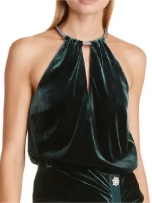 Veronica Beard Kusumi Velvet Halter Top in Emerald Green thumbnail 1