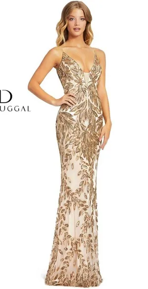 NWT Mac Duggal Style 5107 Plunging Neckline Sequins Gown Dress Gold Nude Size 10 thumbnail 3