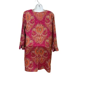 Zara Woman Pink Orange Paisley Split Neck Shift Dress 3/4 Sleeve Small Spain thumbnail 2
