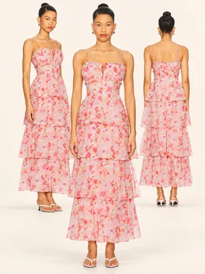 ASTR The Label Vonnessa Floral Tiered Maxi Dress Pink S NWT $168 thumbnail 2