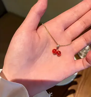 NEW red cherries gold necklace, cherry aesthetic cherry jewelry Stocking Stuffer thumbnail 1