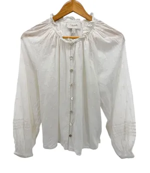 Cleobella‎ White Cotton Dobby Ruffle Neck Button Down Blouse Top S Romantic Boho thumbnail 1