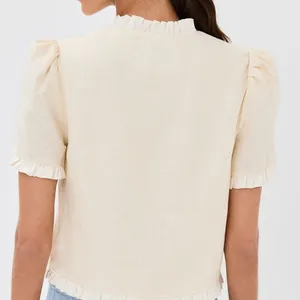 Reformation | Bess 100% Linen Puff Sleeve Ruffle Top in Sugar Cream | Size Med thumbnail 3