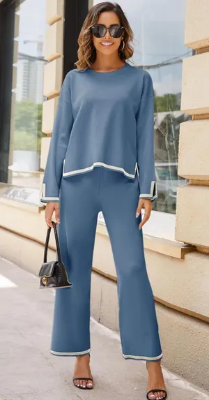 2 Piece Long Sleeve Knit Sweater Lounge Set Blue Size XS thumbnail 4