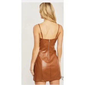 Kurious Los Angeles Brown Faux Leather Square Neck Strappy Back Mini Dress S thumbnail 4