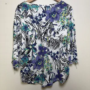 Hot Cotton Women Floral Zebra Print 3/4 Sleeve‎ Top White Purple Large Artsy thumbnail 8