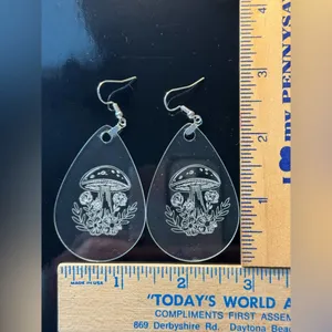 Handmade Mushrooms Engraved Clear Acrylic Teardrop Earrings Silver New thumbnail 5