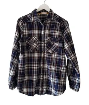 Altar’d State Shirt Button Front Blue Plaid Flannel Mixed Media Lace SZ L #2315 thumbnail 1