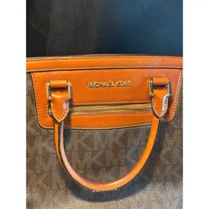 Michael Kors Signature Logo Satchel Brown Leather Trim Crossbody Bag thumbnail 3