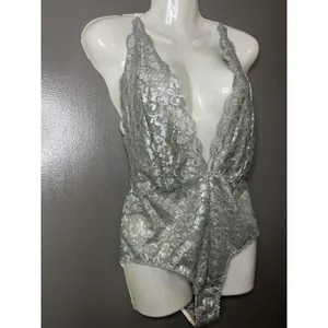 HAH Lace Bodysuit Womens Large Silver Plunge Teddy Sheer Floral Strappy Lingerie thumbnail 3