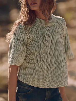 Free People Cameo Green Amy Cotton Sweater Tee Chunky Knit thumbnail 1