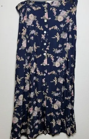 VTG 90s Women Whimsigoth‎ Maxi Skirt XL Blue Moody Floral Pull On Button Front thumbnail 1