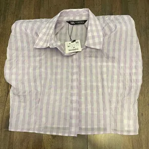 Zara Cropped Lilac Gingham Shoulder Padded Poplin Shirt thumbnail 3