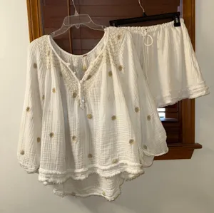 Free People NWT $168 Ivory Aldous Embroidered Button Front Raw Seaming Set S thumbnail 4