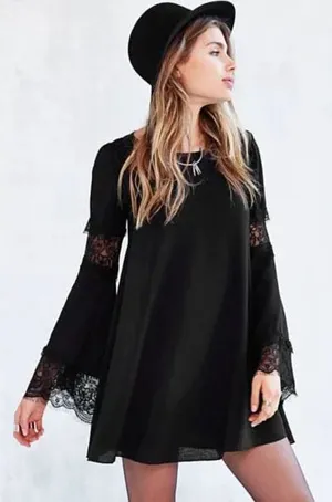 For Love & Lemons Leveon Dress Black Long Sleeve Lace Cut-Outs Cutouts Shift S thumbnail 1