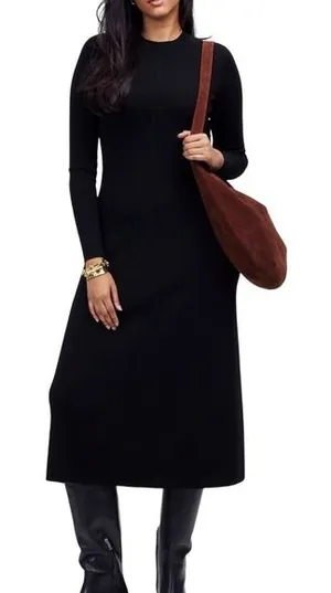 Madewell‎ Black Merino Wool Blend Ribbed Long Sleeve Midi Sweater Dress Size L thumbnail 1