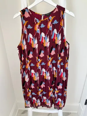 Halogen Pleated Floral-Print Sleeveless Dress - Burgundy Size Large thumbnail 3